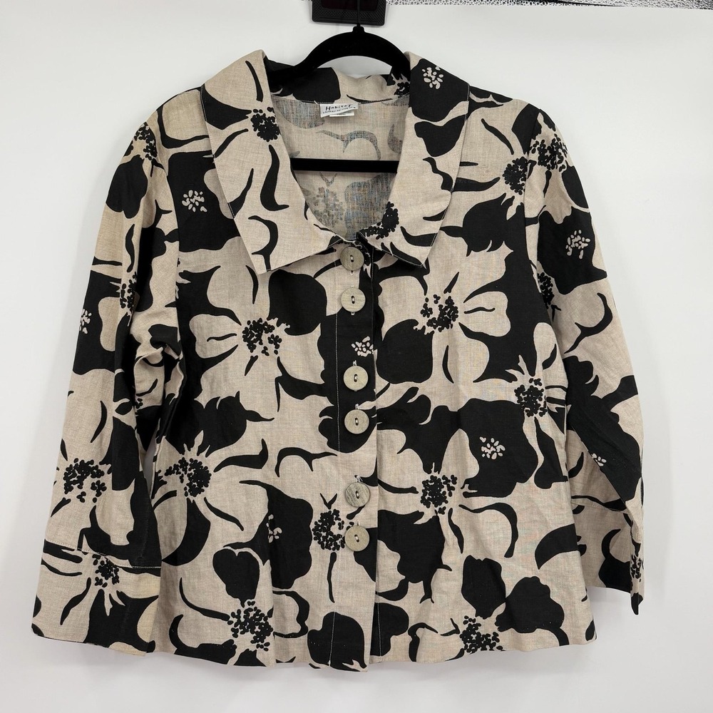 Habitat Tunicn Top Womens Small Button Linen Beige Floral Lightweight Boxy